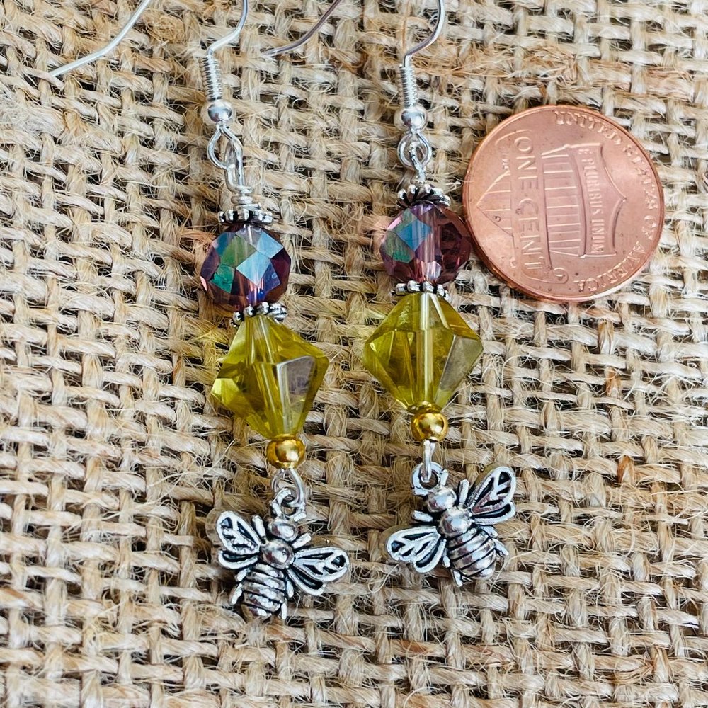 Amethyst Citrine Czech Crystals Bee Drop Silver Pierced Artisan Earrings 2 ¼”